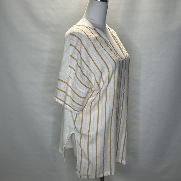 ZARA Women’s Medium Boxy V-Neck Striped Cotton Linen Blouse Orange White - Picture 3 of 9